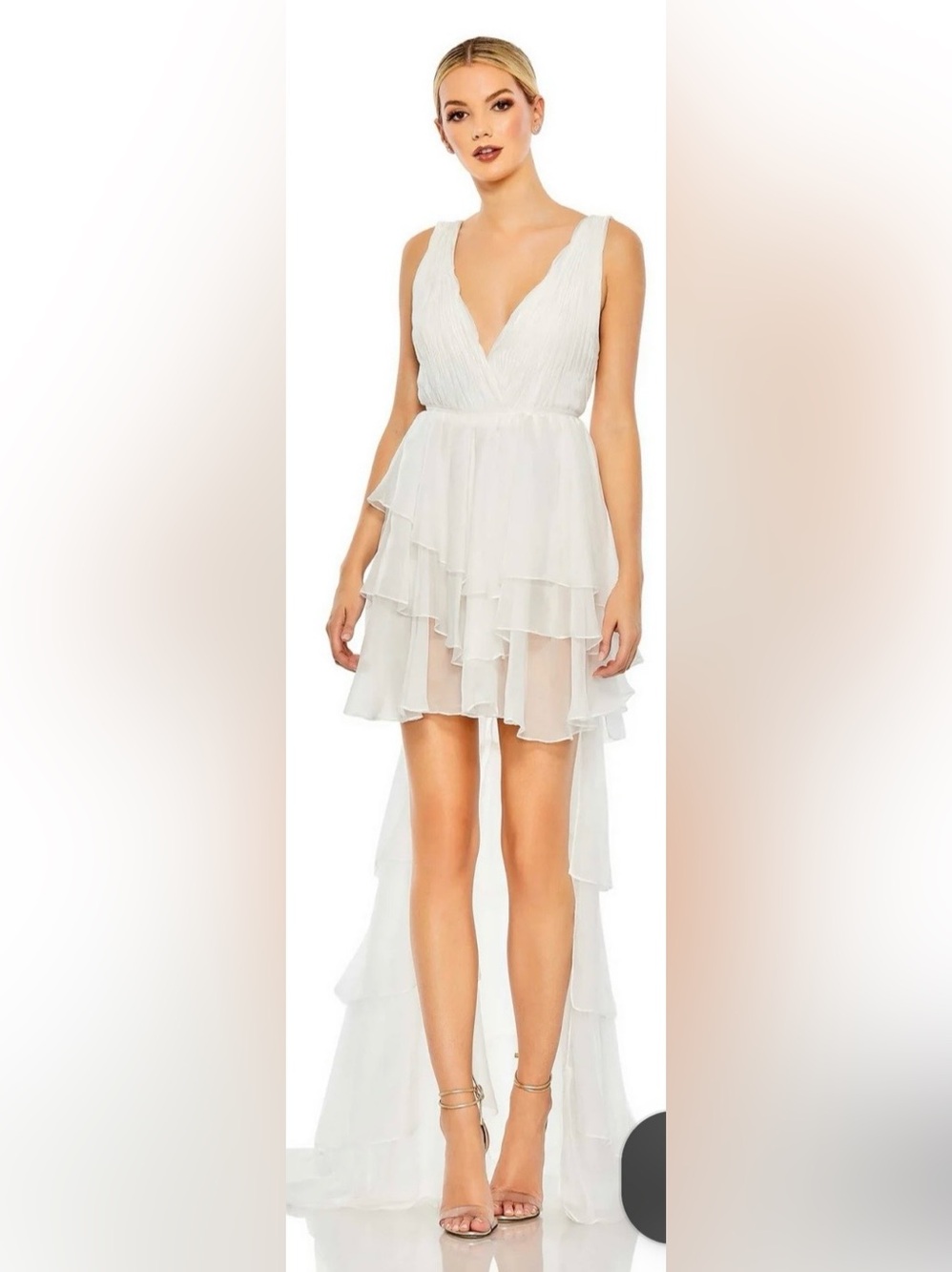 NWT Mac Duggal (55320) Pleated V-Neck Tiered High-Low Gown White Size 0